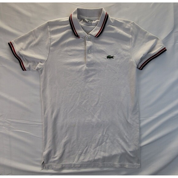 Lacoste Polo Shirt Men Medium White 3 Button Crocodile Red White & Blue Bands - Picture 1 of 8